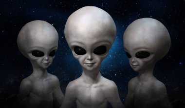 Kozmik gökyüzü arka plan üzerinde üç gri uzaylılar. 3D çizim.