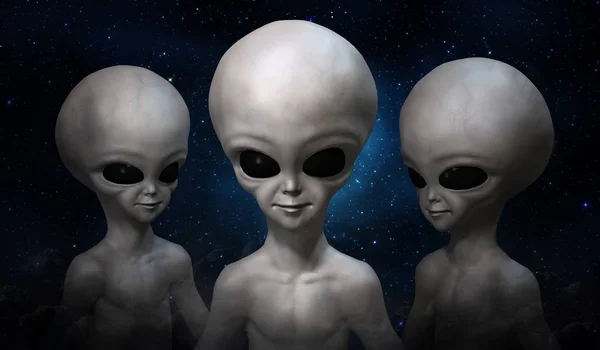 Drie Grijze Vreemdelingen Achtergrond Van Kosmische Hemel Illustratie — Stockfoto
