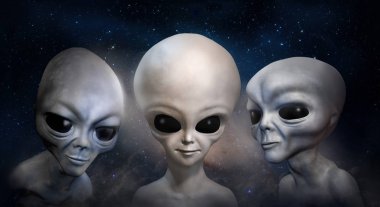 Kozmik gökyüzü ve galaksi arka plan üzerinde üç farklı gri uzaylılar. 3D çizim. Duvar kağıdı.