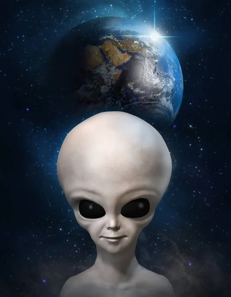 Portrait Gray Alien Background Cosmos Earth Planet Illustration — Stock Photo, Image