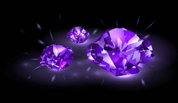 Drei Wunderschöne Leuchtend Violette Diamanten Auf Schwarzem Hintergrund Vektorillustration — Stockvektor