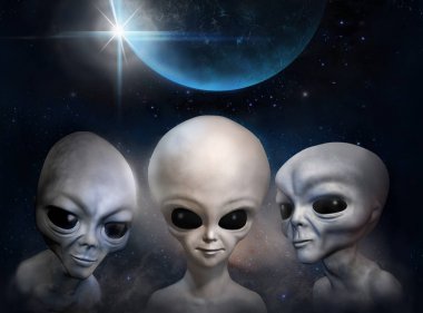 Üç farklı uzaylılar kozmik gökyüzü ve Dünya gezegeni arka plan üzerinde gri. 3D çizim. Duvar kağıdı.