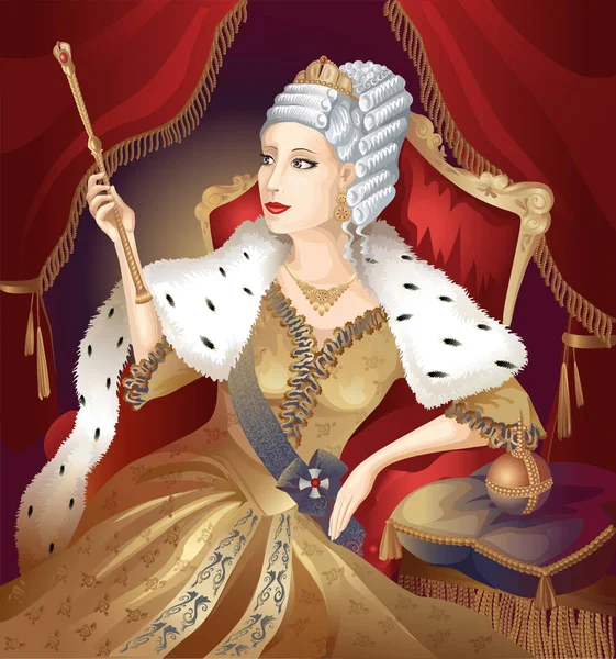 Королева Червоному Троні Тримає Штат Скіпетр Фоні Червоної Завіси Векторні — стоковий вектор