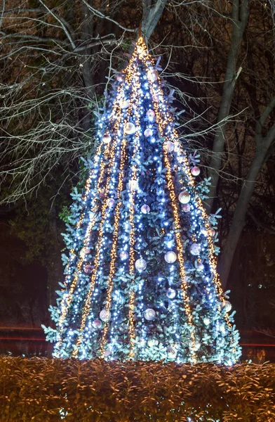 Farbig beleuchteter Weihnachtsbaum mit blauen Ornamenten, im Freien — Stockfoto