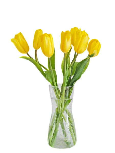 Květiny žluté tulipány, průhledná váza — Stock fotografie