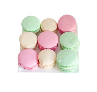 Çok tatlı macaroons, renkli Fransız geleneksel, krem