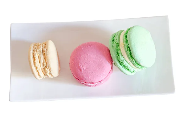 Macarrones dulces multicolores, francés tradicional, crema, blanco —  Fotos de Stock