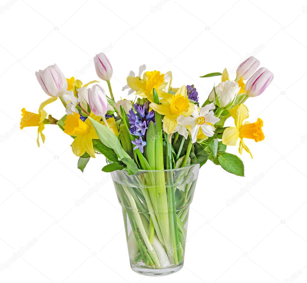 Bouquet, floral arrangement with yellow daffodils, white tulips