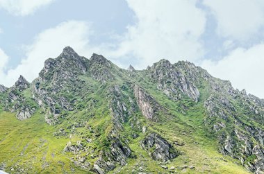 Fagaras Dağları, yeşil çim ve kayalar, zirveleri ile Karpatlar