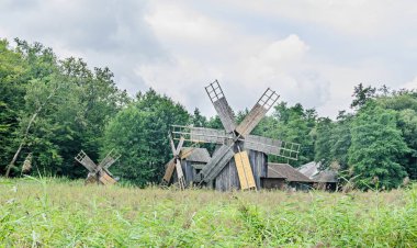 Yel değirmenleri, yeşil orman, vahşi bitki örtüsü kapatın, bulutlar gökyüzü mavi