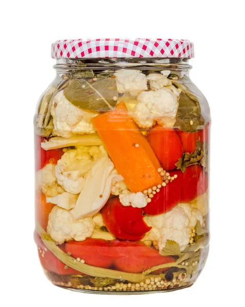 Jar with pickles containing cauliflower, cucumber, red pepper — Stock Photo, Image