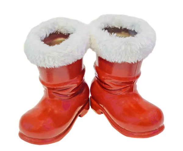 Rött Santa Claus stövlar, skor. Saint Nicholas stövlar gåvor — Stockfoto