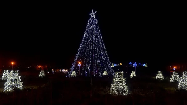 Öffentlicher Park in der Nacht mit bunten Weihnachtslichtern — Stockfoto