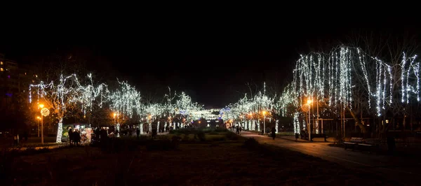 Veřejný park v noci s živé barevné vánoční osvětlení — Stock fotografie