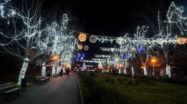 Veřejný park v noci s živé barevné vánoční osvětlení — Stock fotografie