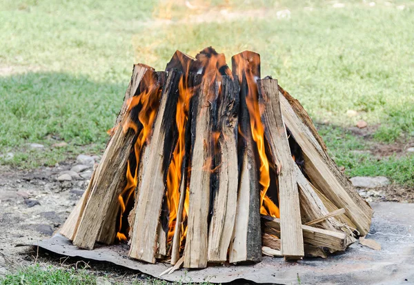 Wood logs in fire, outdoor fire for barbecue, colored flames — Stock Photo, Image