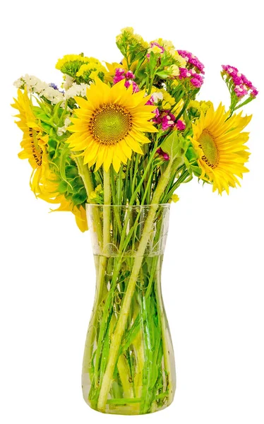 Gelbe Sonnenblumen in transparenter Vase, Nahaufnahme, isoliert, geschnitten — Stockfoto