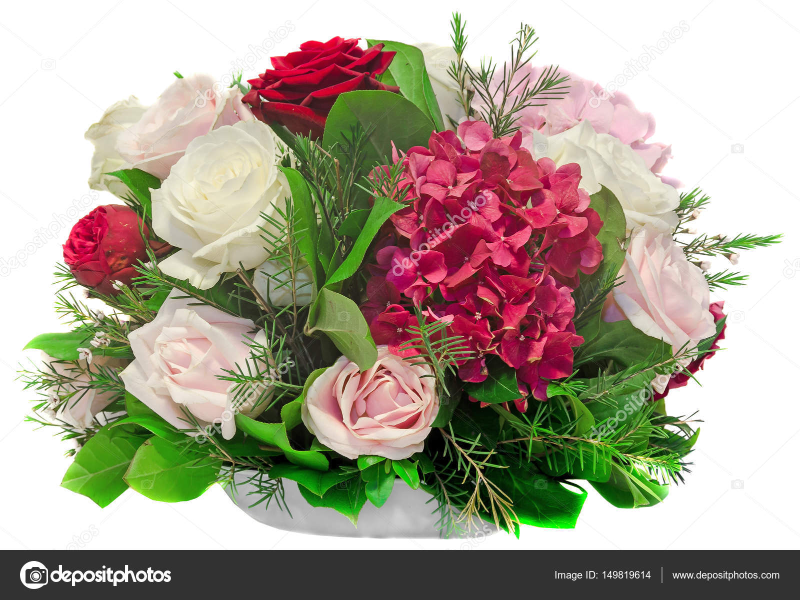 Floral arrangement bouquet with white pink yellow roses and