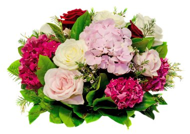 Çiçek düzenleme, buket, beyaz, pembe, sarı güller ve mor HORTENSIA, ortanca, izole, beyaz arka plan, kapatmak
