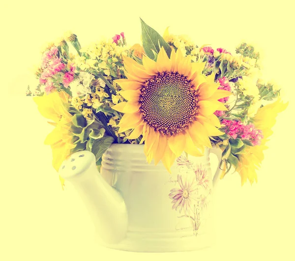 Sarı ayçiçeği ve beyaz bir yağmurlama renkli kır çiçekleri,