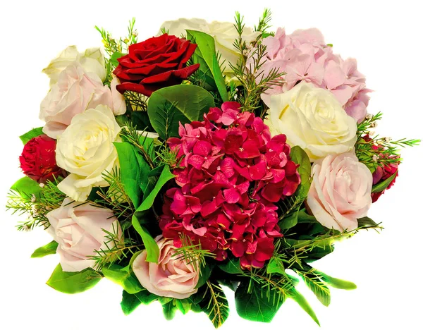 Blumenschmuck, Strauß, mit weißen, rosa, gelben Rosen und lila Hortensien, Hortensien, Nahaufnahme, isoliert, weißer Hintergrund — Stockfoto