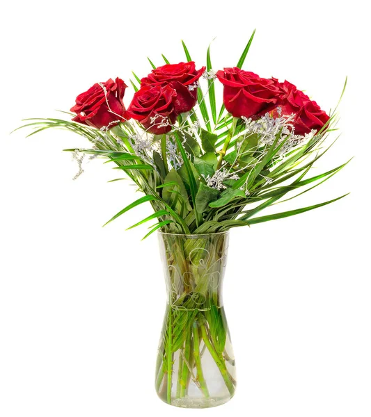 꽃의 배열, 꽃다발, 투명 한 화병에 붉은 장미 꽃 — 스톡 사진