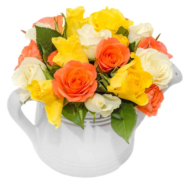 Weiße, orangefarbene und gelbe Rosenblüten, Details, Nahaufnahme. Valentinstag-Rosen. — Stockfoto