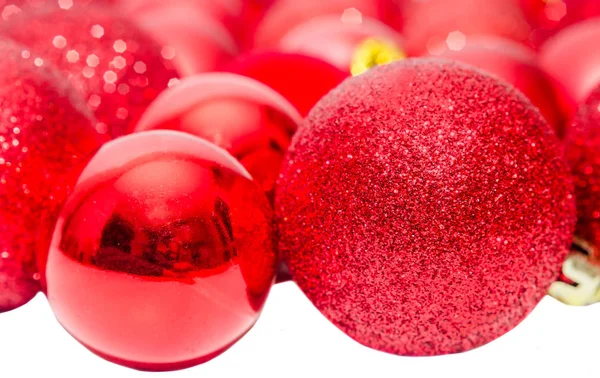 Red christmas shinny globes, christmas tree ornaments — Stock Photo, Image
