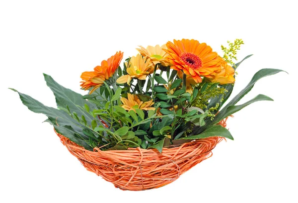 Orangefarbene Chrysanthemenblüten in einem braunen Korb, auch Mamas genannt — Stockfoto