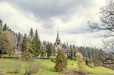 Sinaia Romanya'dan Peles Kalesi bahçeleri ile yeşil çimen bir