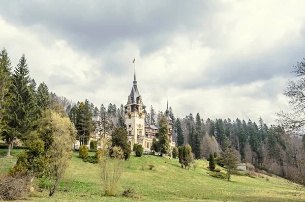 Peles hrad z Rumunska Sinaia, zahrady s trávou — Stock fotografie