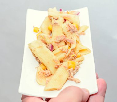 Kırmızı soğan, ton balığı ve Mısır, beyaz tabak izole ile pişmiş makarna