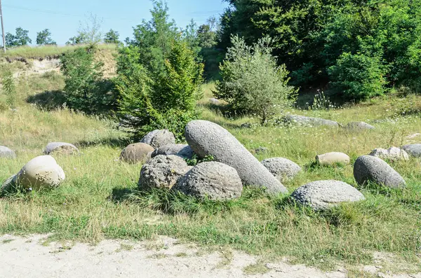 Konkretioner växer upp, gamla trovant naturligt bildade, cement sand, — Stockfoto