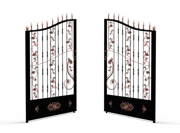 Черные винтажные кованые ворота с медными драконами и открытым виноградом — стоковое фото