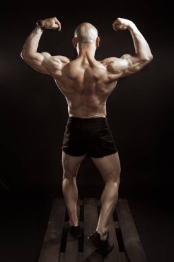 Vücut geliştirici stüdyoda çift pazı gösteriyor.