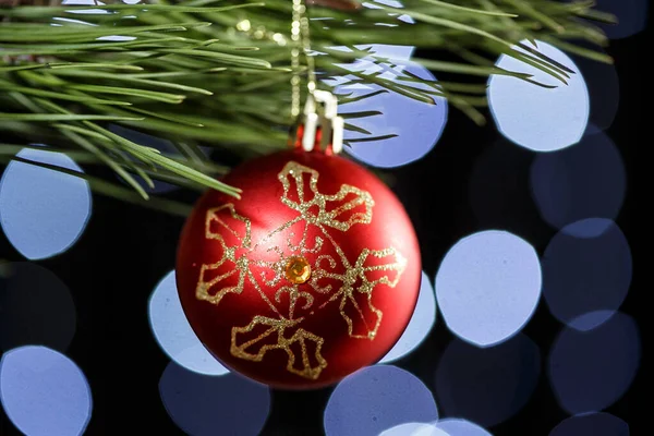 Julleksaker på en gren av gran på bakgrunden av en beaut — Stockfoto