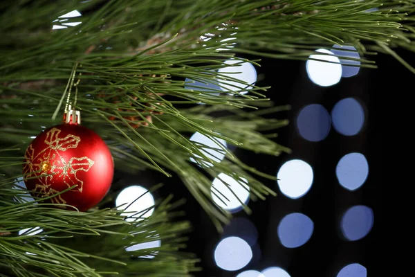 Julleksaker på en gren av gran på bakgrunden av en beaut — Stockfoto
