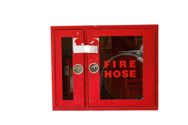Коробка Огнетушитель Изолированы Белом Фоне Надписью Пожарный Шланг — стоковое фото