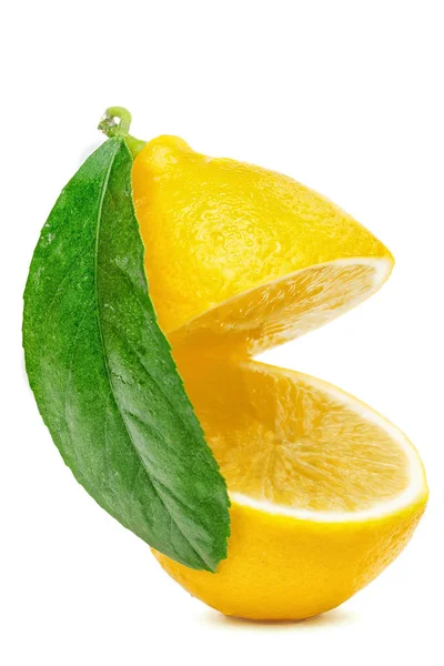 Yellow lemon cut into two parts with a leaf isolated on a white background — Stock Photo, Image