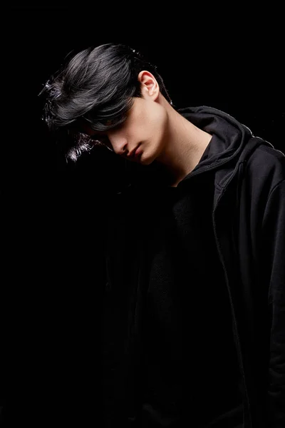 Dramatic Portrait Young Man Black Clothes Black Background — Stock Photo, Image
