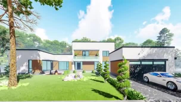 3d illustratie van een modern landhuis, in het voorjaar bij zonnig weer — Stockvideo