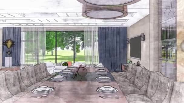 Kreslený obývací pokoj interiér 3D ilustrace — Stock video