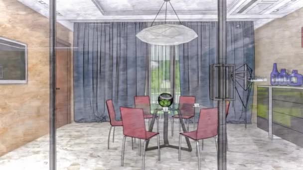 Tekening woonkamer interieur 3d illustratie — Stockvideo