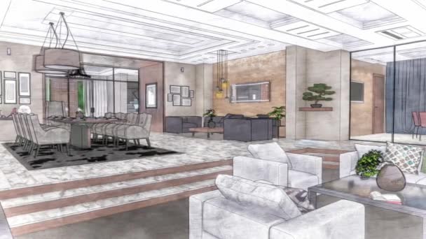 Tekening woonkamer interieur 3d illustratie — Stockvideo