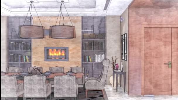 Tekening woonkamer interieur 3d illustratie — Stockvideo