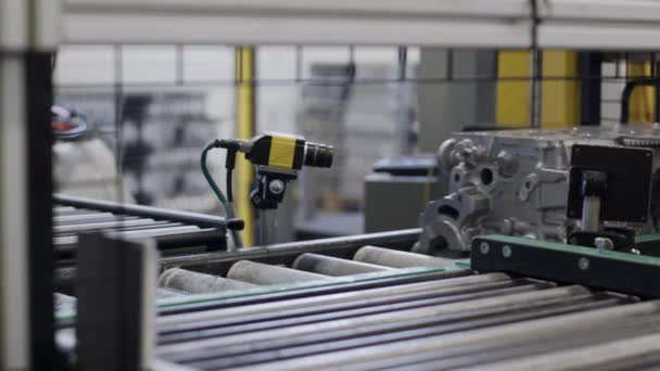 Engine Block Running on the Automated Conveyor Belt. Quality Control Camera. — Stock Video