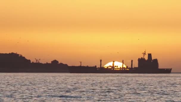 Вантажне судно на заході сонця — стокове відео
