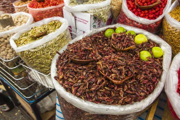 Stekt gräshoppor till salu i marknaden, Mexiko — Stockfoto
