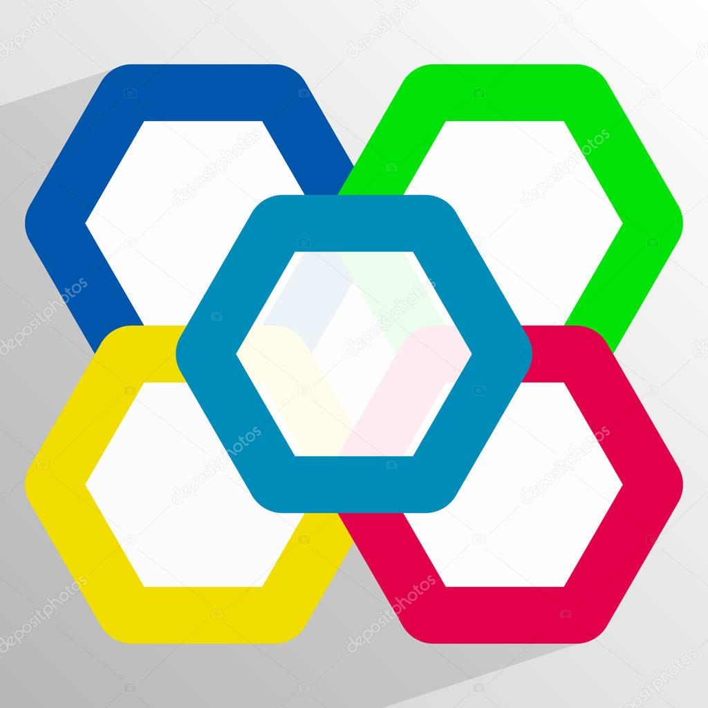 Geometric icon with overlapping hexagons in 5 color