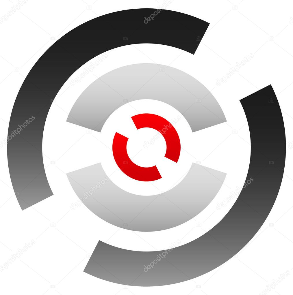 Crosshair icon, target symbol. Pinpoint, bullseye sign. Concentric, segmented circles with red dot at center